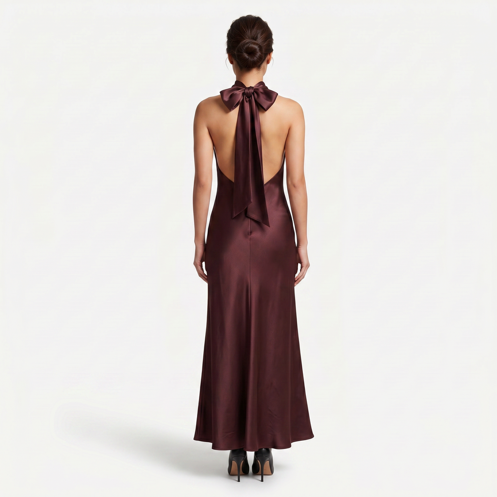 Women's Satin Halter Maxi Dress - Open Back Cowl Neck Formal Evening Gown