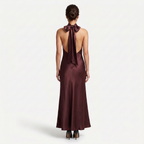 Women's Satin Halter Maxi Dress - Open Back Cowl Neck Formal Evening Gown