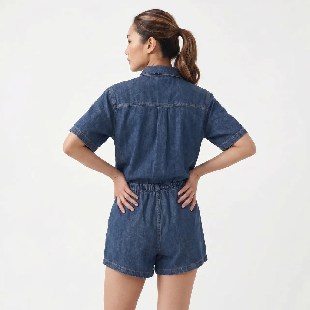 Women's Denim Short Sleeve Shirt and Shorts Two Piece Set