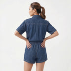 Women's Denim Short Sleeve Shirt and Shorts Two Piece Set