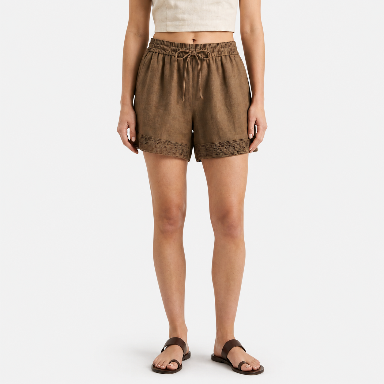 Women's Linen Lace Trim Drawstring Elastic Waist Shorts