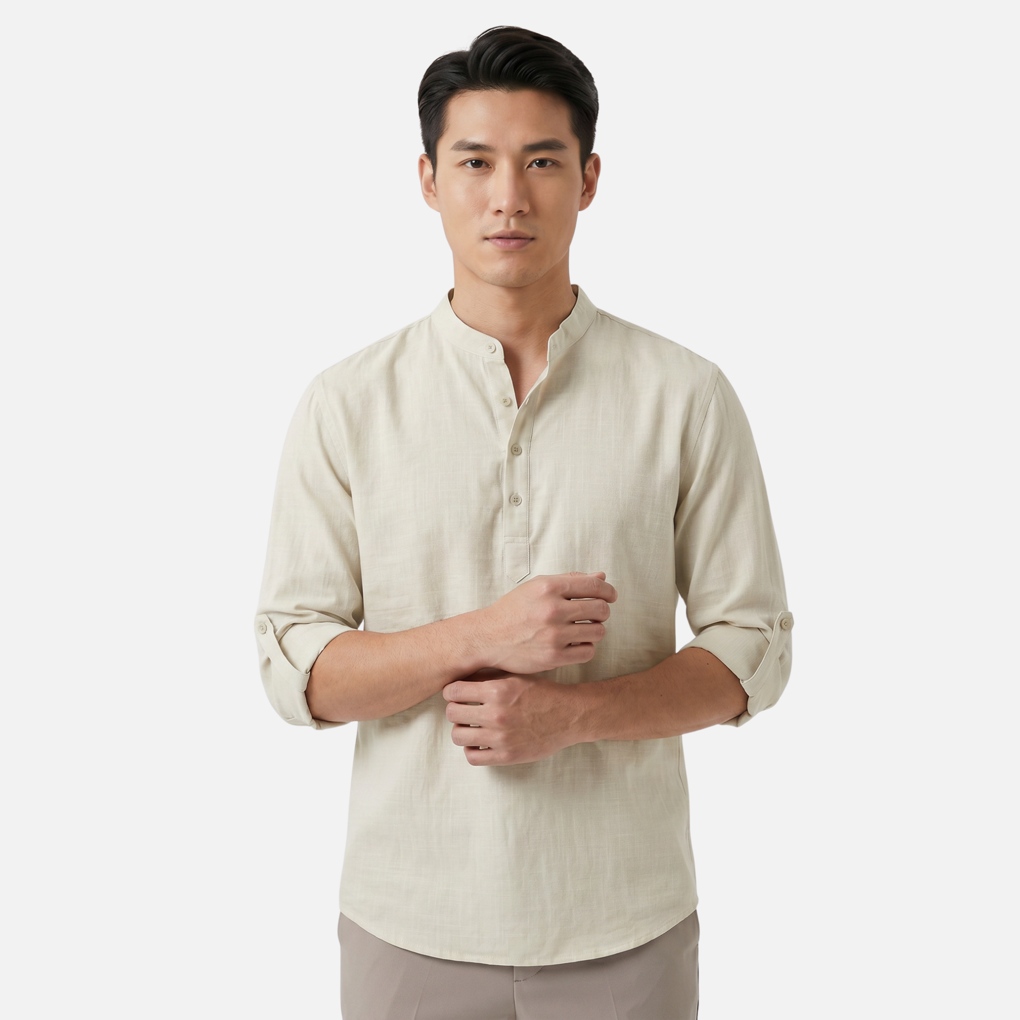 Men's Linen Henley Shirt - Grandad Collar Roll Up Sleeve Casual Summer Shirt