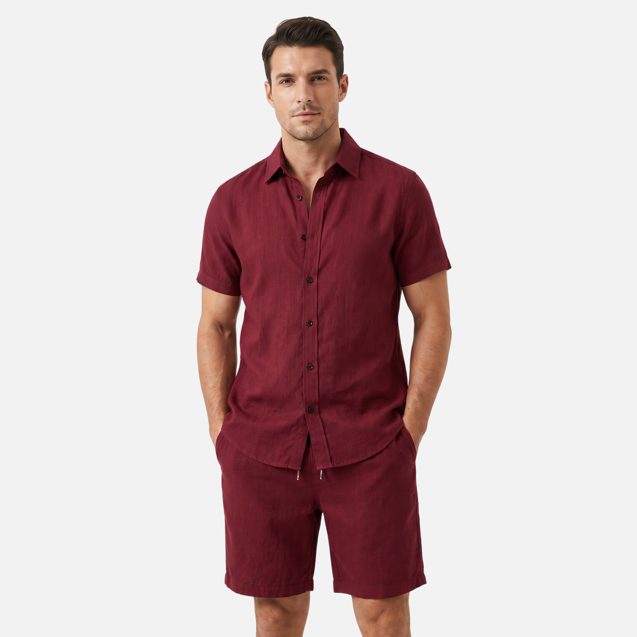 Men's Linen Buttoned Short Sleeve Shirt and Shorts Two Piece Set