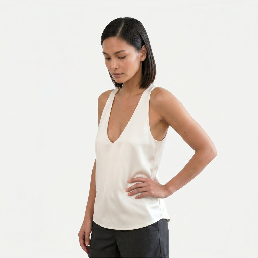 Women's Deep V-Neck Satin Tank Top