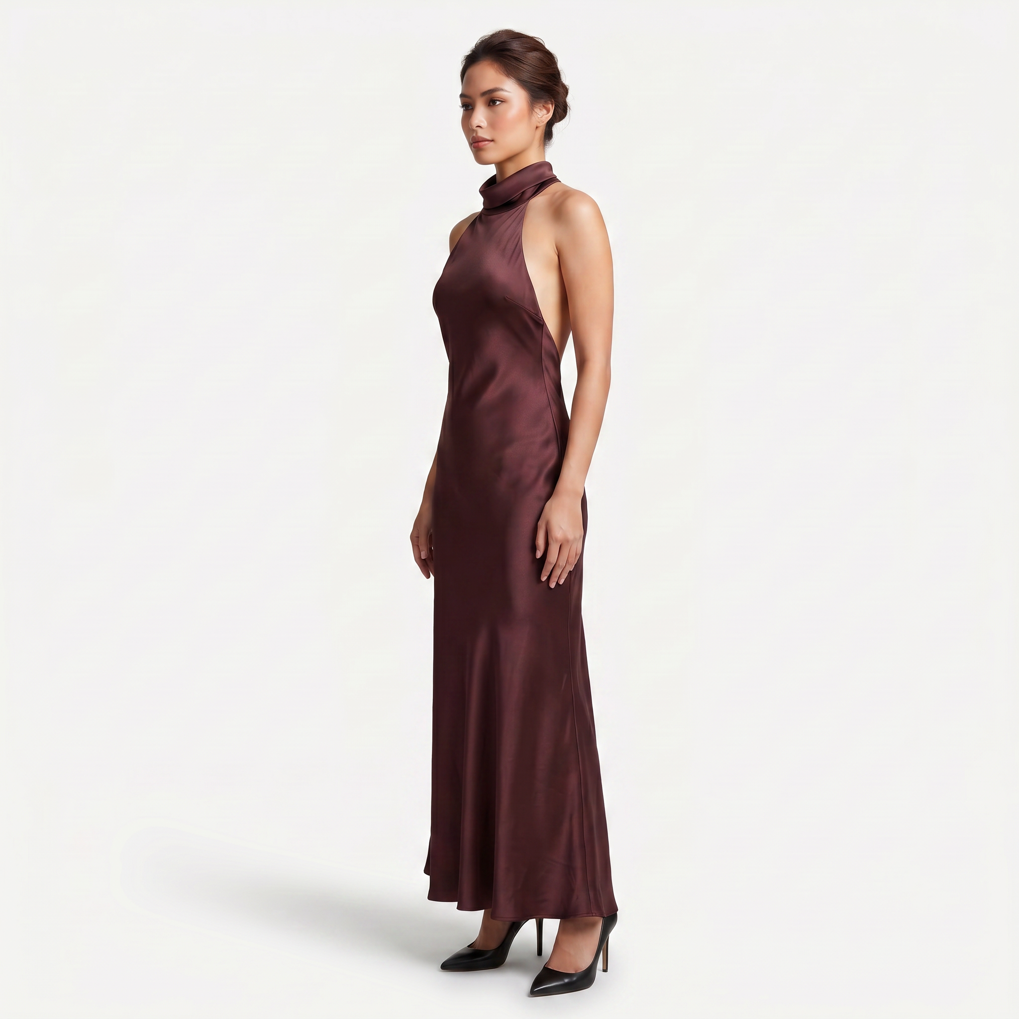 Women's Satin Halter Maxi Dress - Open Back Cowl Neck Formal Evening Gown