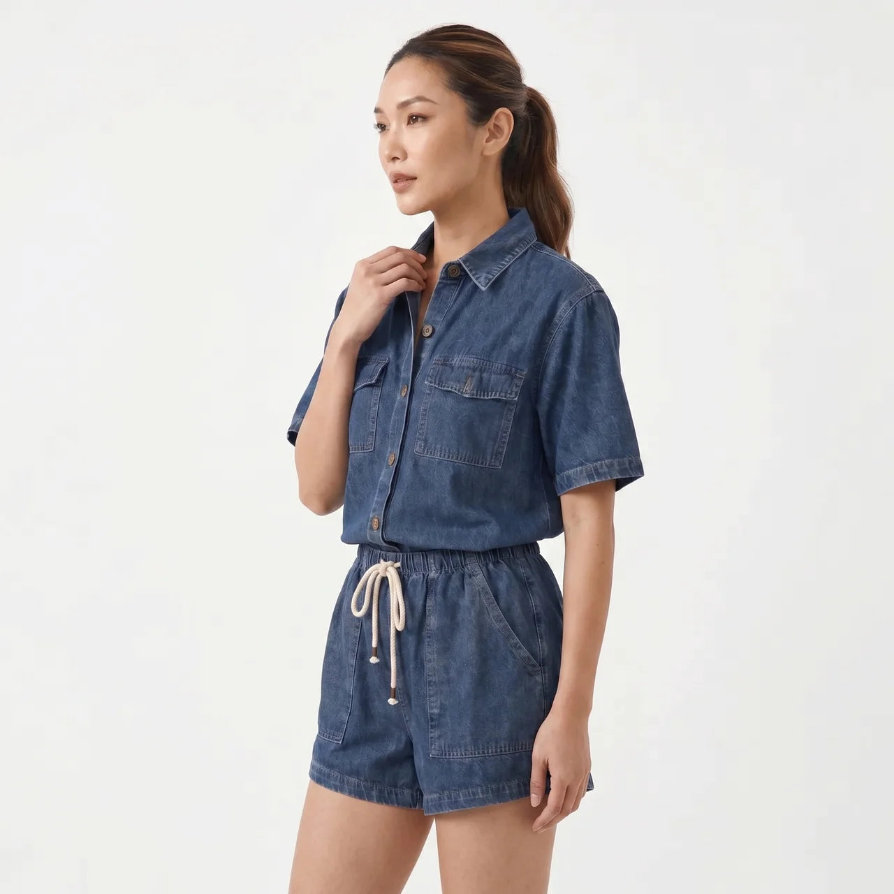 Women's Denim Short Sleeve Shirt and Shorts Two Piece Set