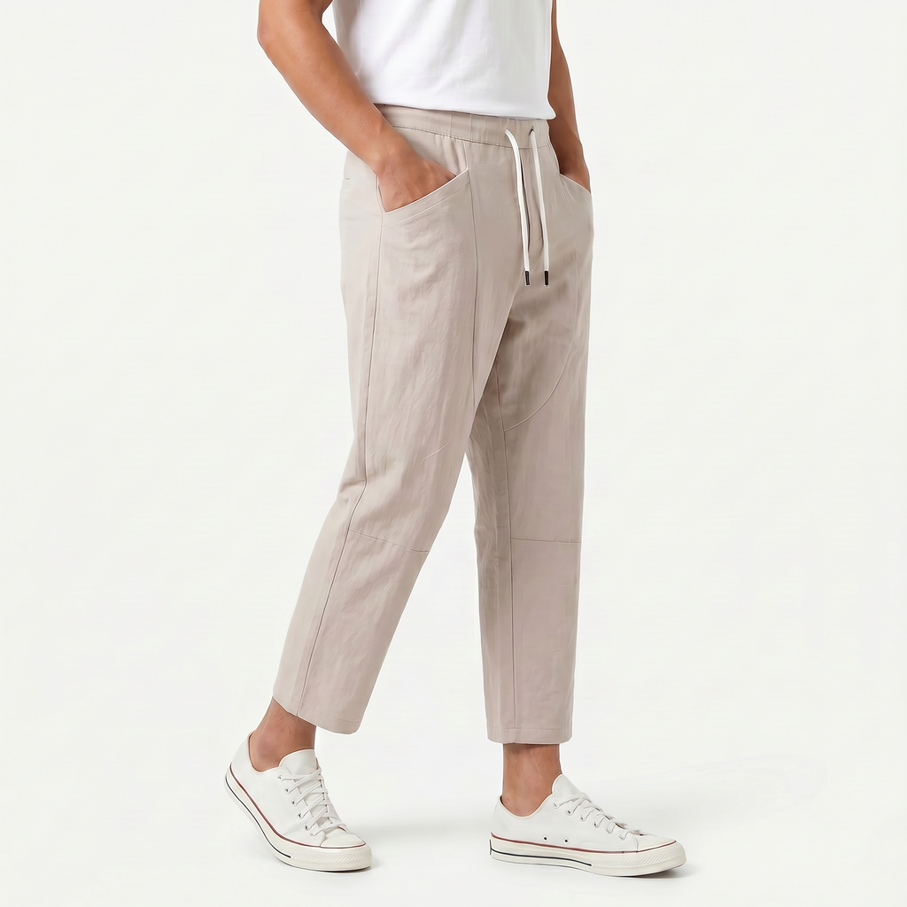 Men's Cotton Linen Drawstring Cropped Trousers