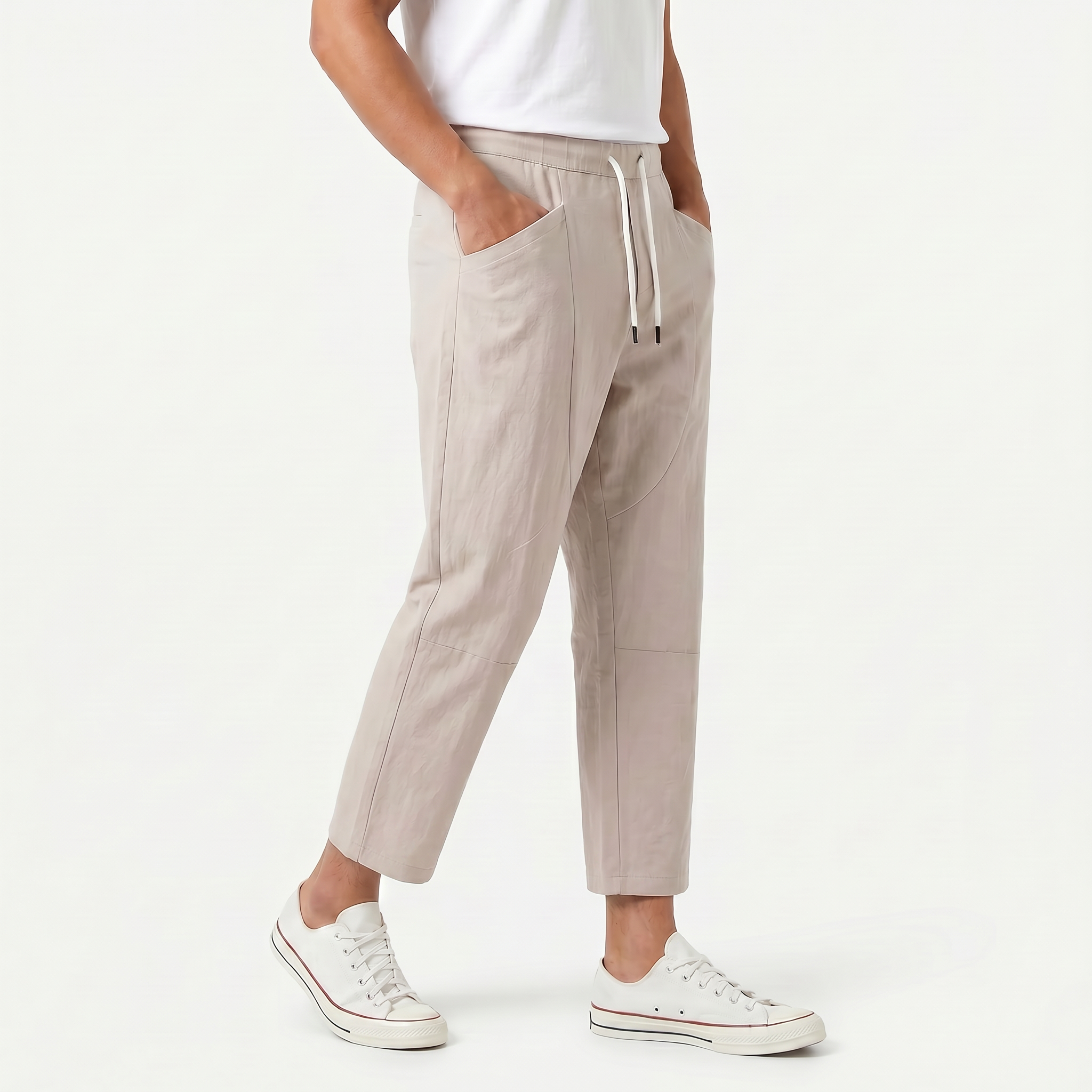 Men's Cotton Linen Drawstring Cropped Trousers