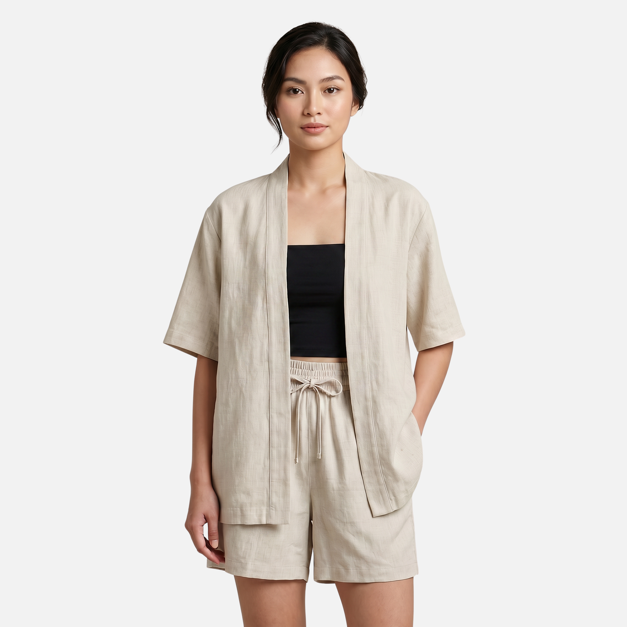 Women's Linen Cardigan and Shorts Two Piece Set
