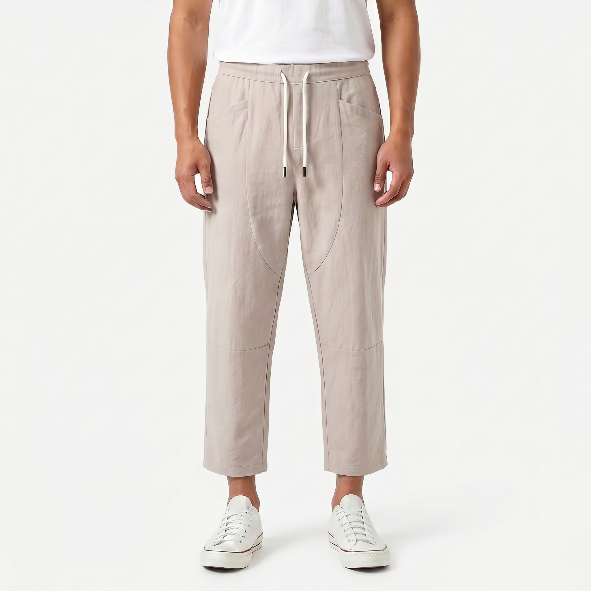 Men's Cotton Linen Drawstring Cropped Trousers