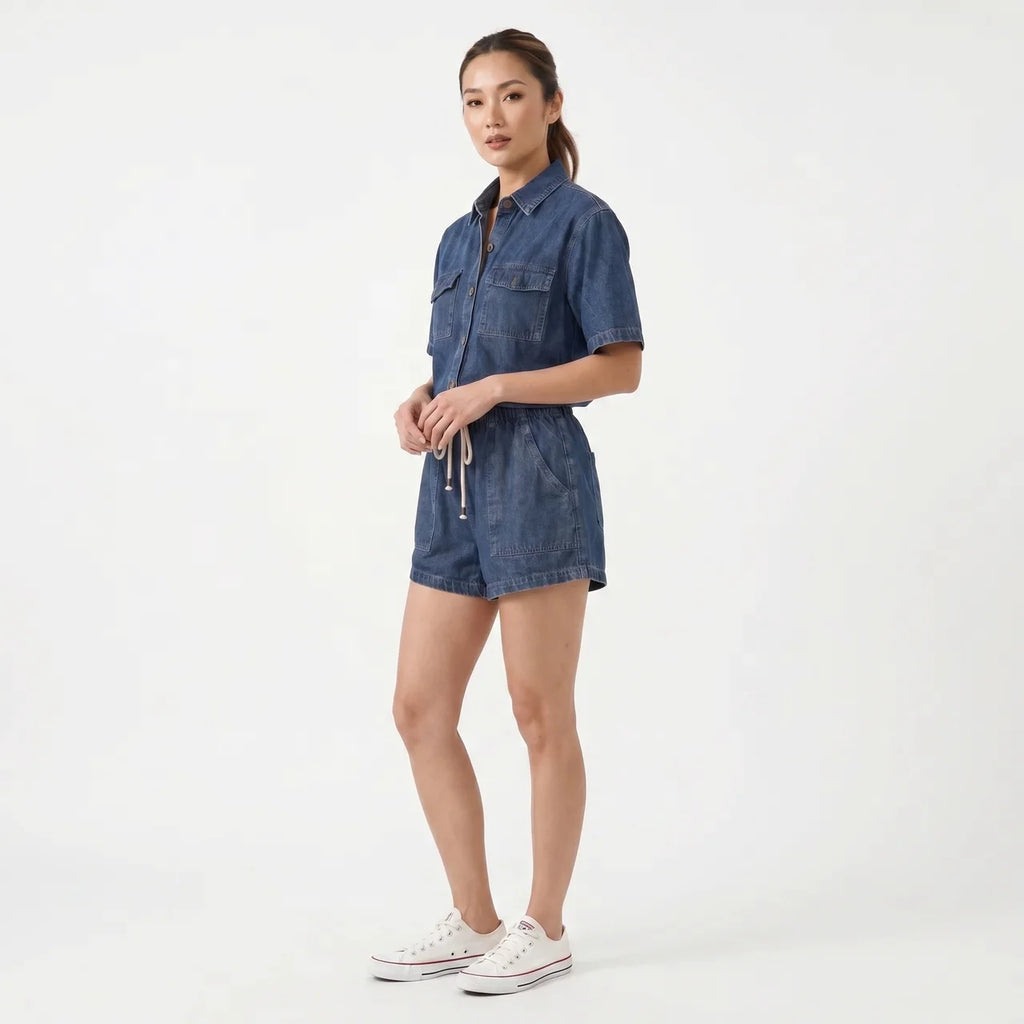 Women's Denim Short Sleeve Shirt and Shorts Two Piece Set
