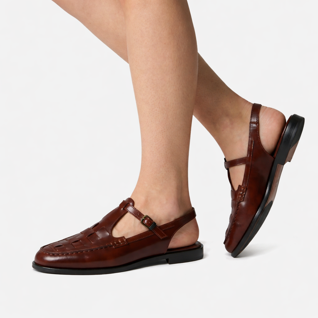 Women's Woven Leather Slingback Sandals - Flat Buckle T-Bar Loafer Sandals