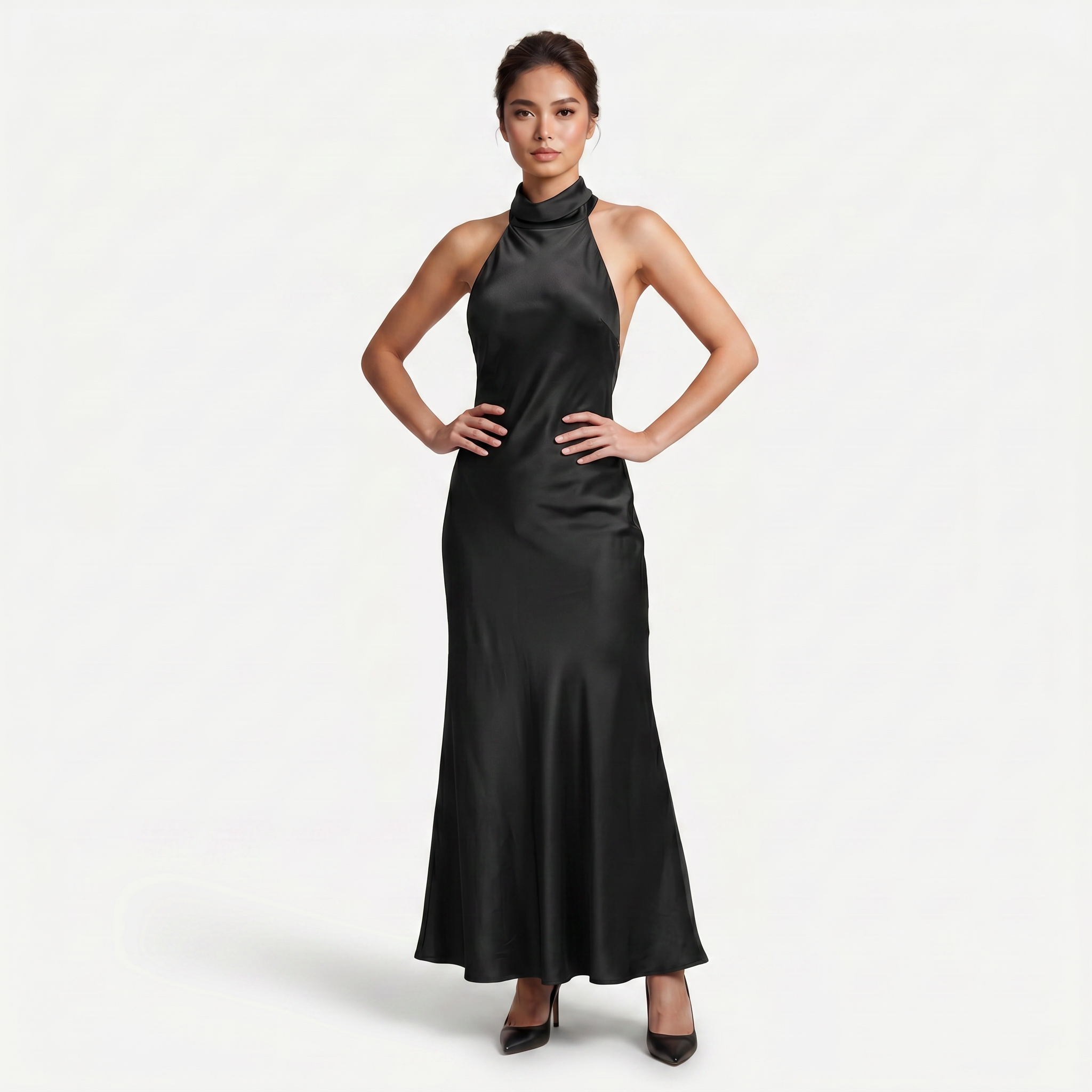 Women's Satin Halter Maxi Dress - Open Back Cowl Neck Formal Evening Gown