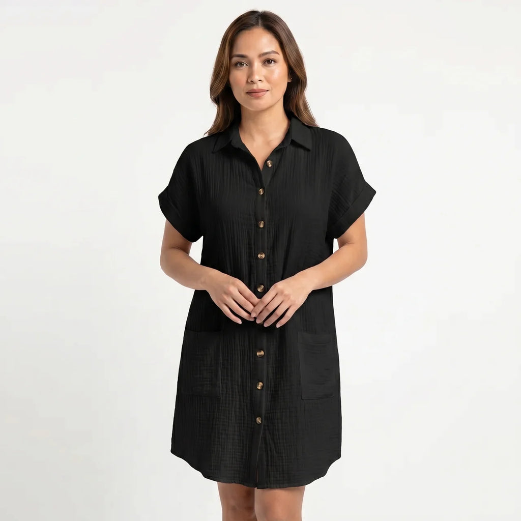 Women's Cotton Gauze Button Down Shirt Midi Dress