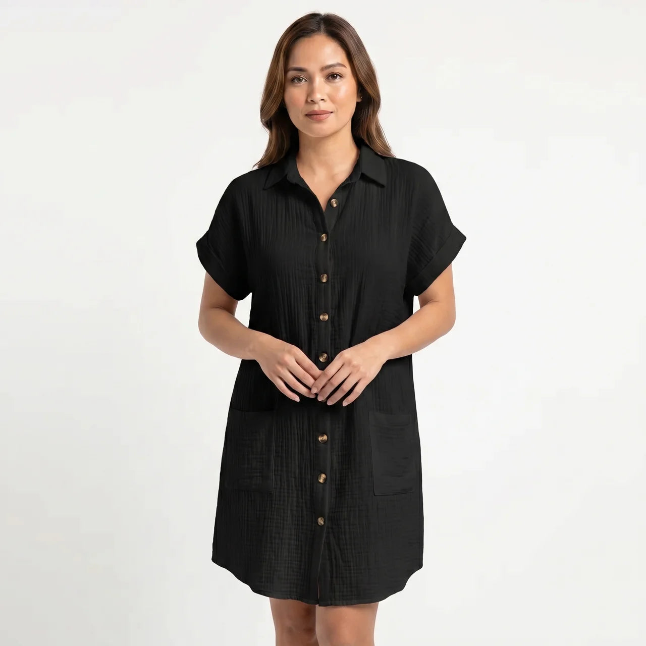 Women's Cotton Gauze Button Down Shirt Midi Dress