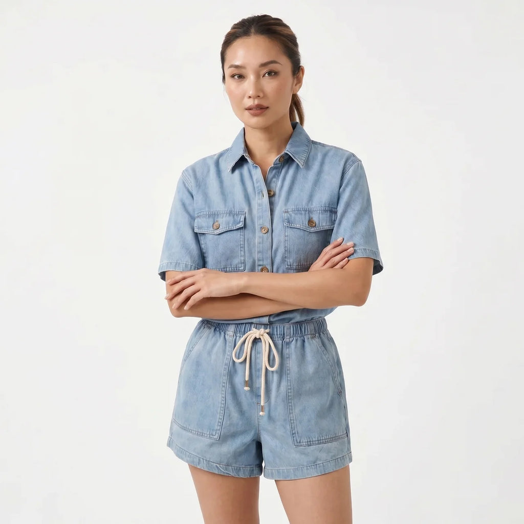 Women's Denim Short Sleeve Shirt and Shorts Two Piece Set