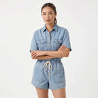Women's Denim Short Sleeve Shirt and Shorts Two Piece Set