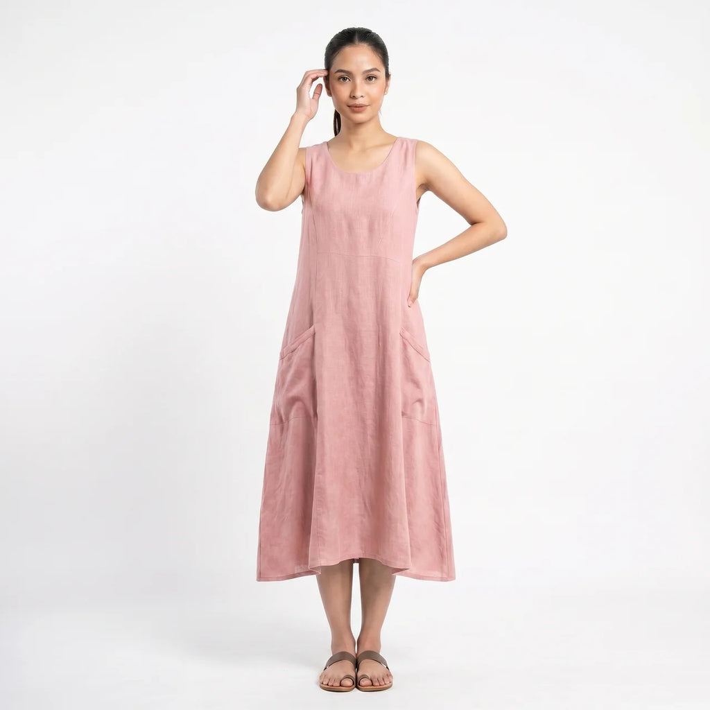 Women's Sleeveless A-Line Midi Dress with Pockets