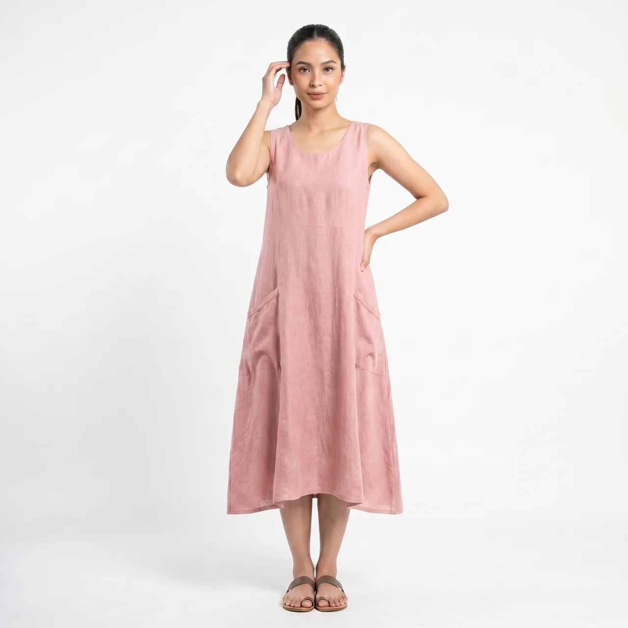 Women's Sleeveless A-Line Midi Dress with Pockets