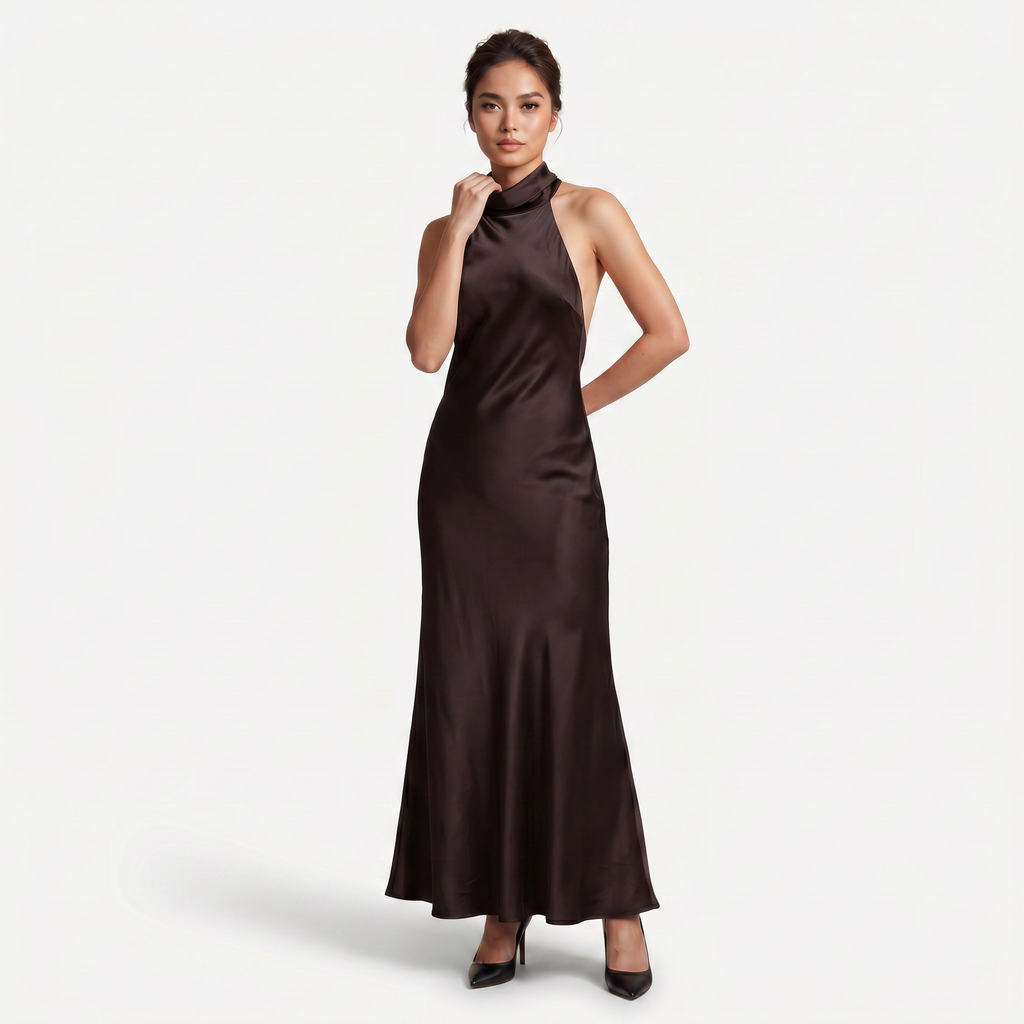 Women's Satin Halter Maxi Dress - Open Back Cowl Neck Formal Evening Gown