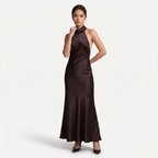 Women's Satin Halter Maxi Dress - Open Back Cowl Neck Formal Evening Gown