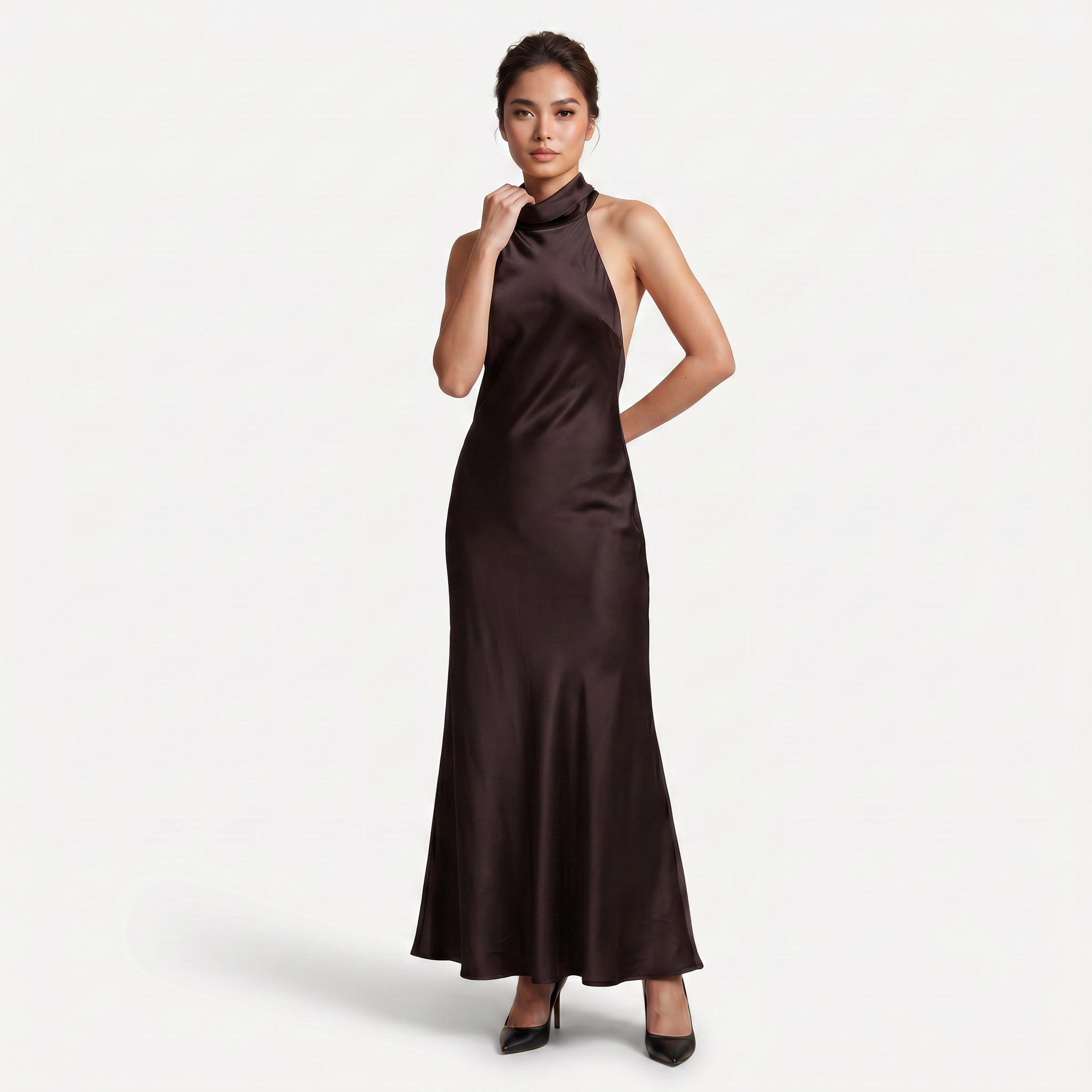 Women's Satin Halter Maxi Dress - Open Back Cowl Neck Formal Evening Gown