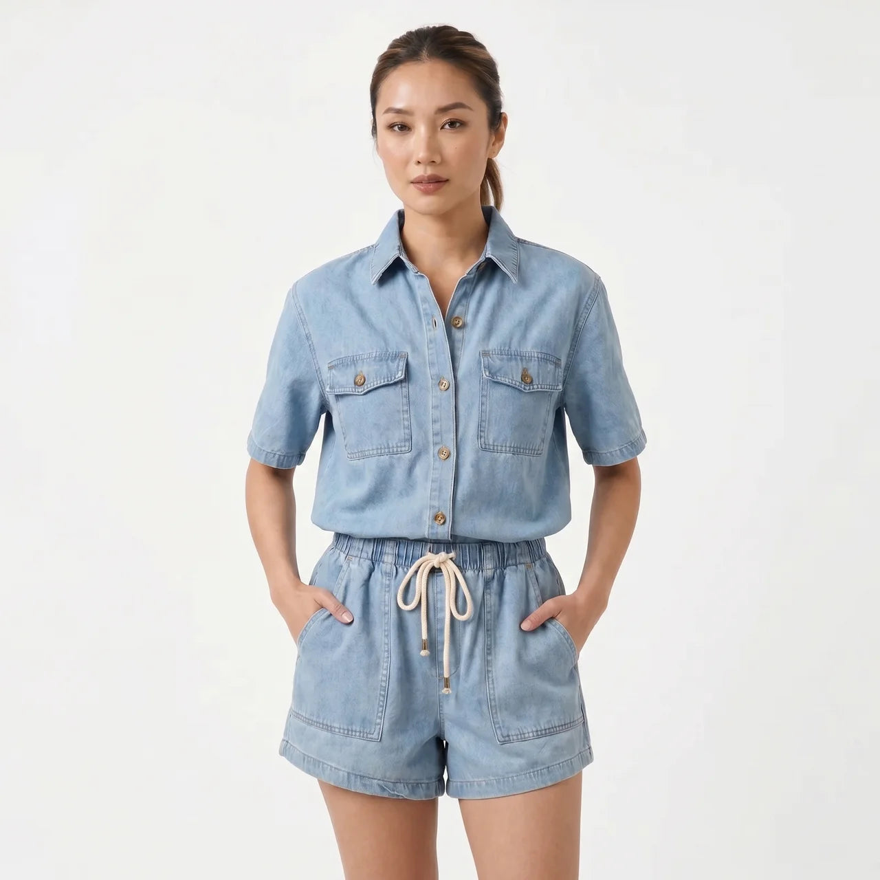 Women's Denim Short Sleeve Shirt and Shorts Two Piece Set