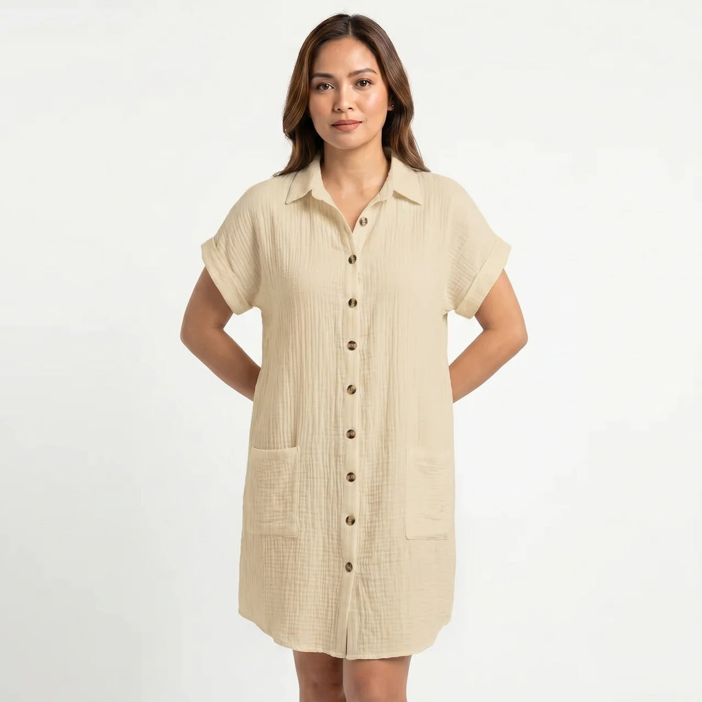 Women's Cotton Gauze Button Down Shirt Midi Dress