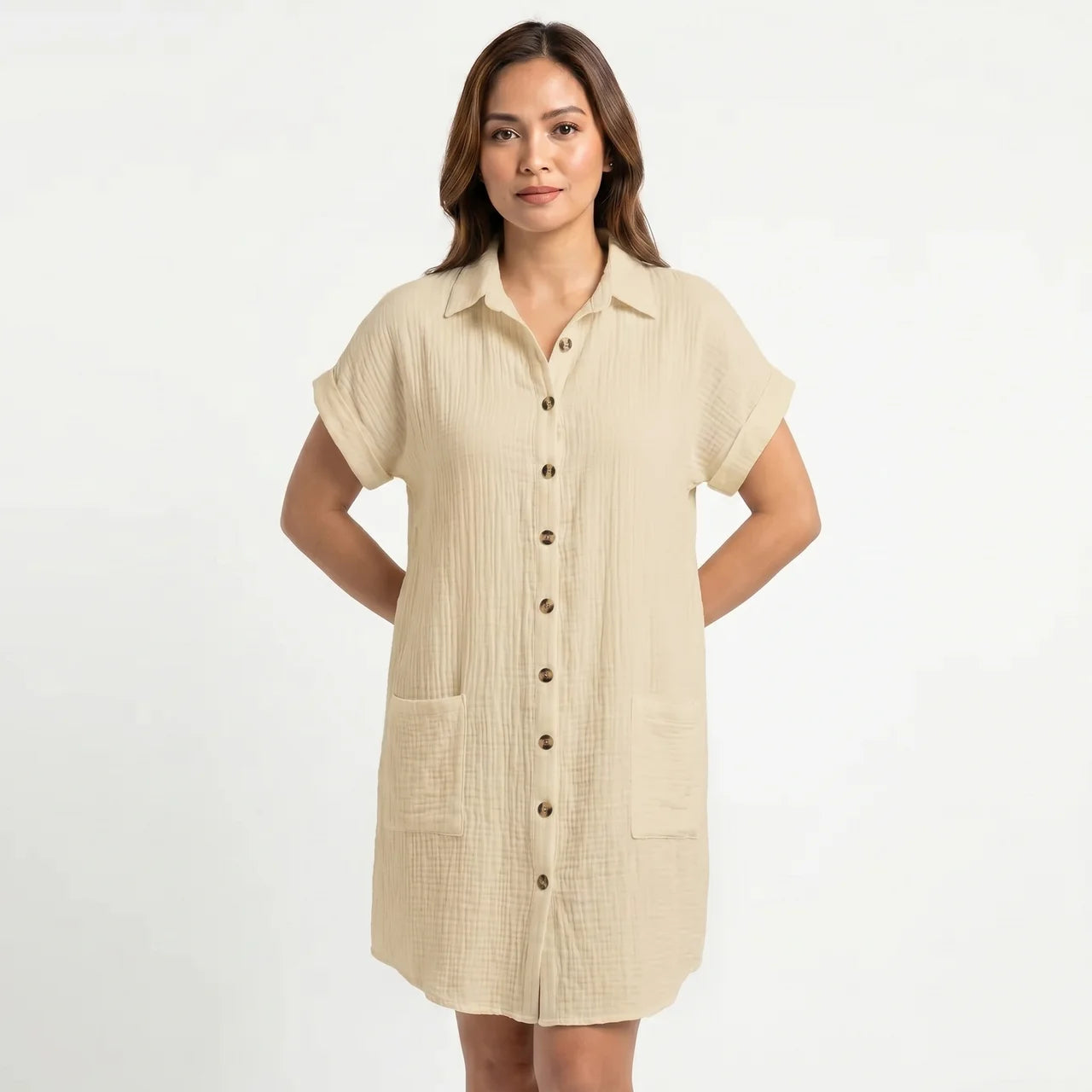 Women's Cotton Gauze Button Down Shirt Midi Dress