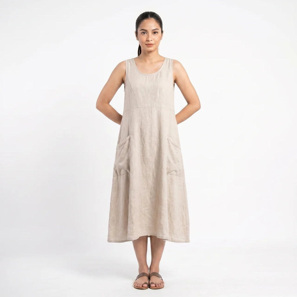 Women's Sleeveless A-Line Midi Dress with Pockets