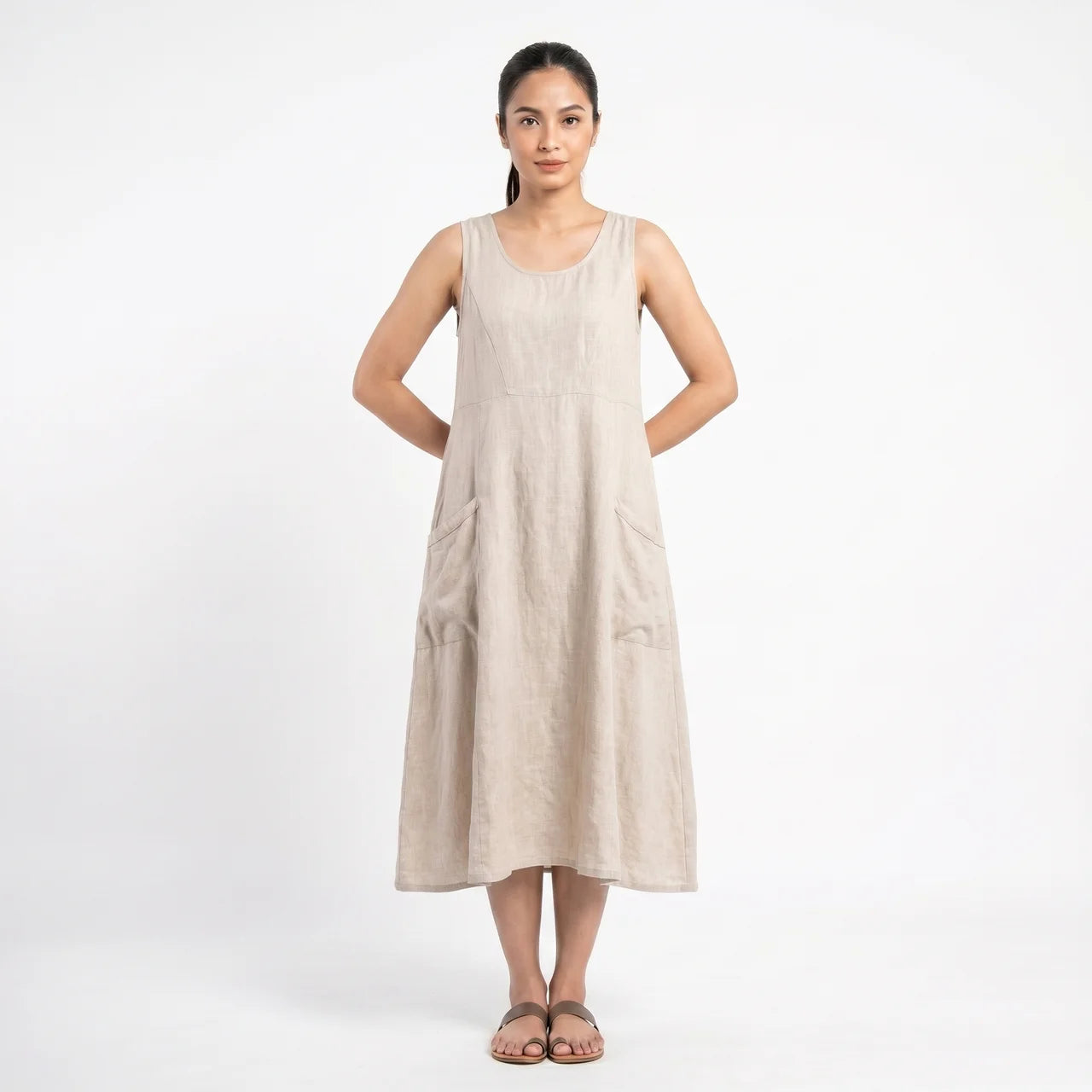 Women's Sleeveless A-Line Midi Dress with Pockets