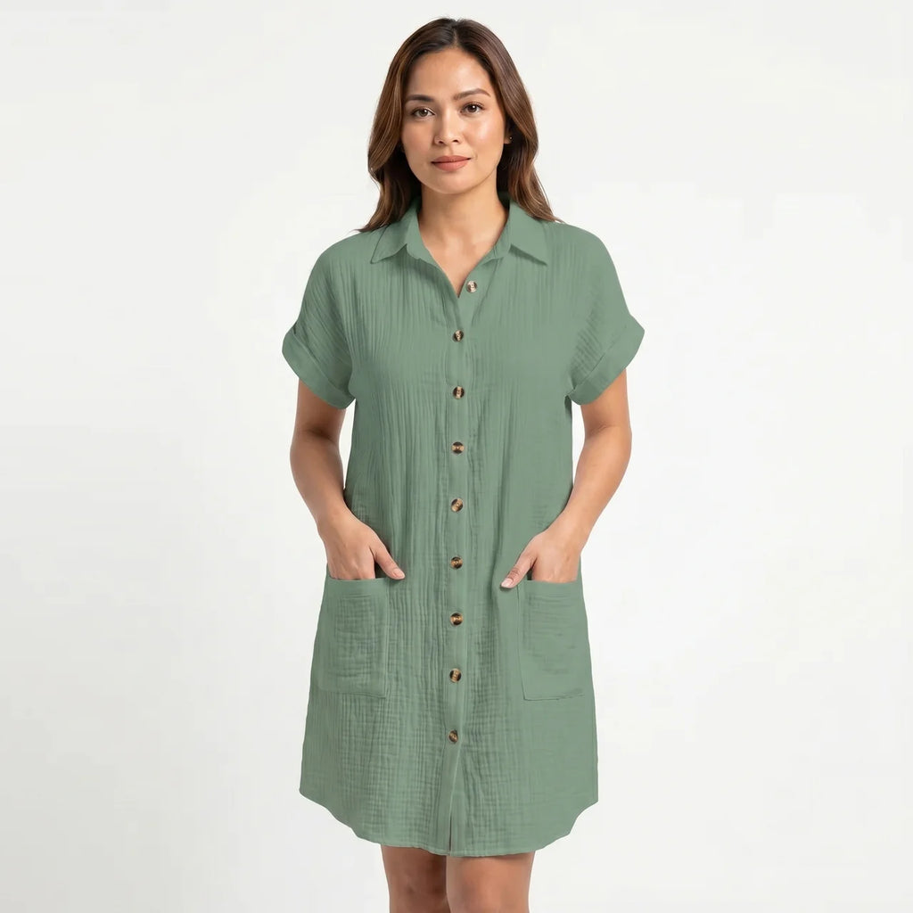 Women's Cotton Gauze Button Down Shirt Midi Dress