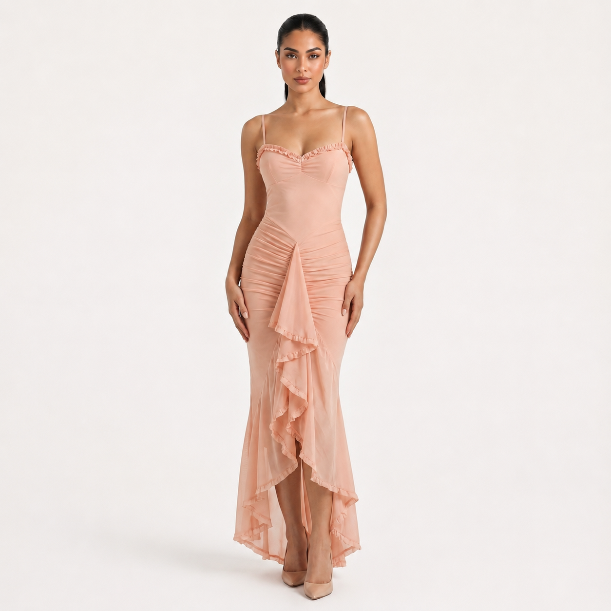 Women's Sweetheart Ruched Asymmetric Ruffle Maxi Dress