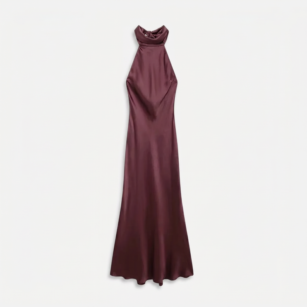 Women's Satin Halter Maxi Dress - Open Back Cowl Neck Formal Evening Gown