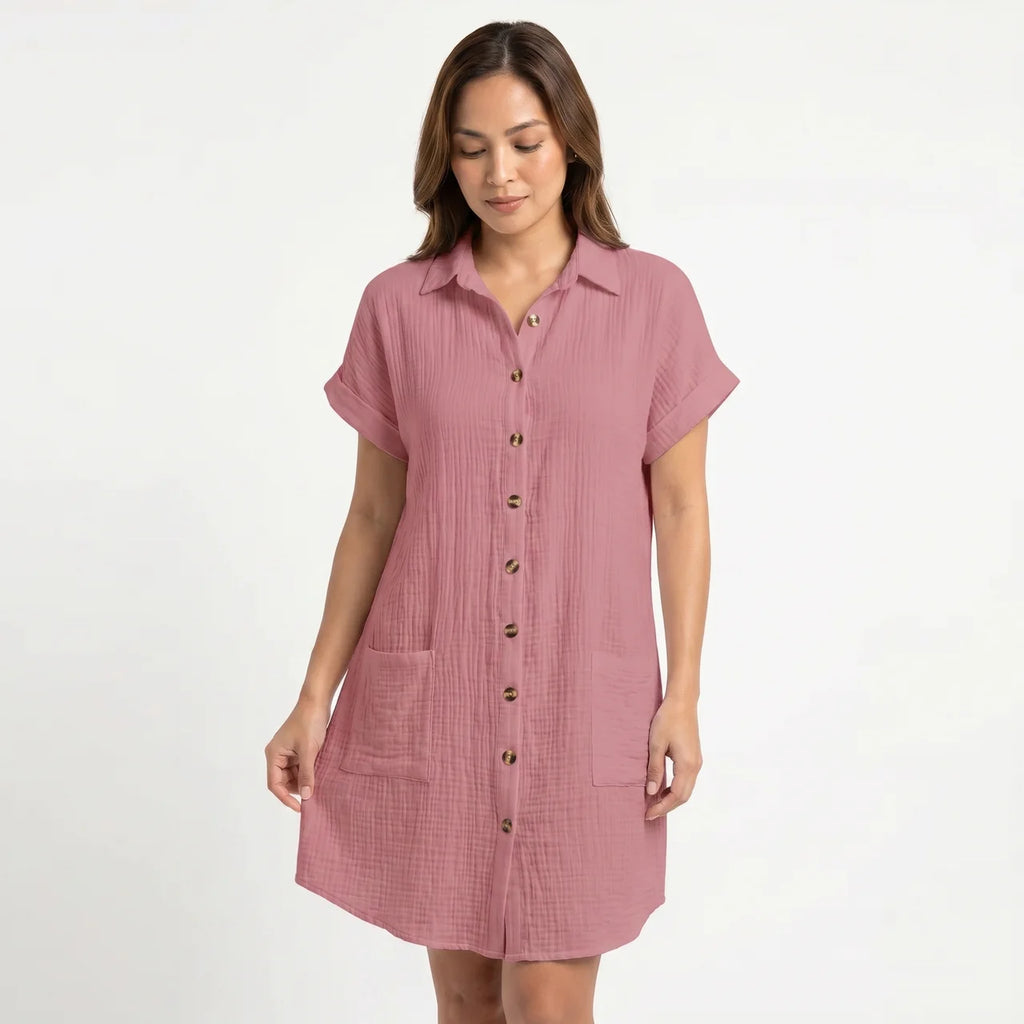 Women's Cotton Gauze Button Down Shirt Midi Dress