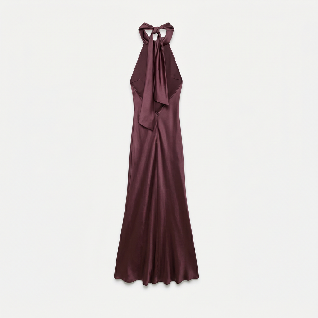Women's Satin Halter Maxi Dress - Open Back Cowl Neck Formal Evening Gown