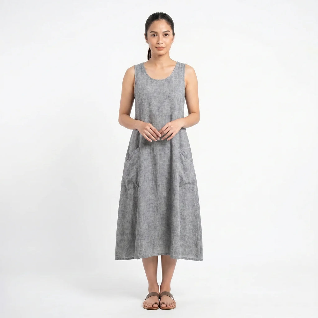 Women's Sleeveless A-Line Midi Dress with Pockets