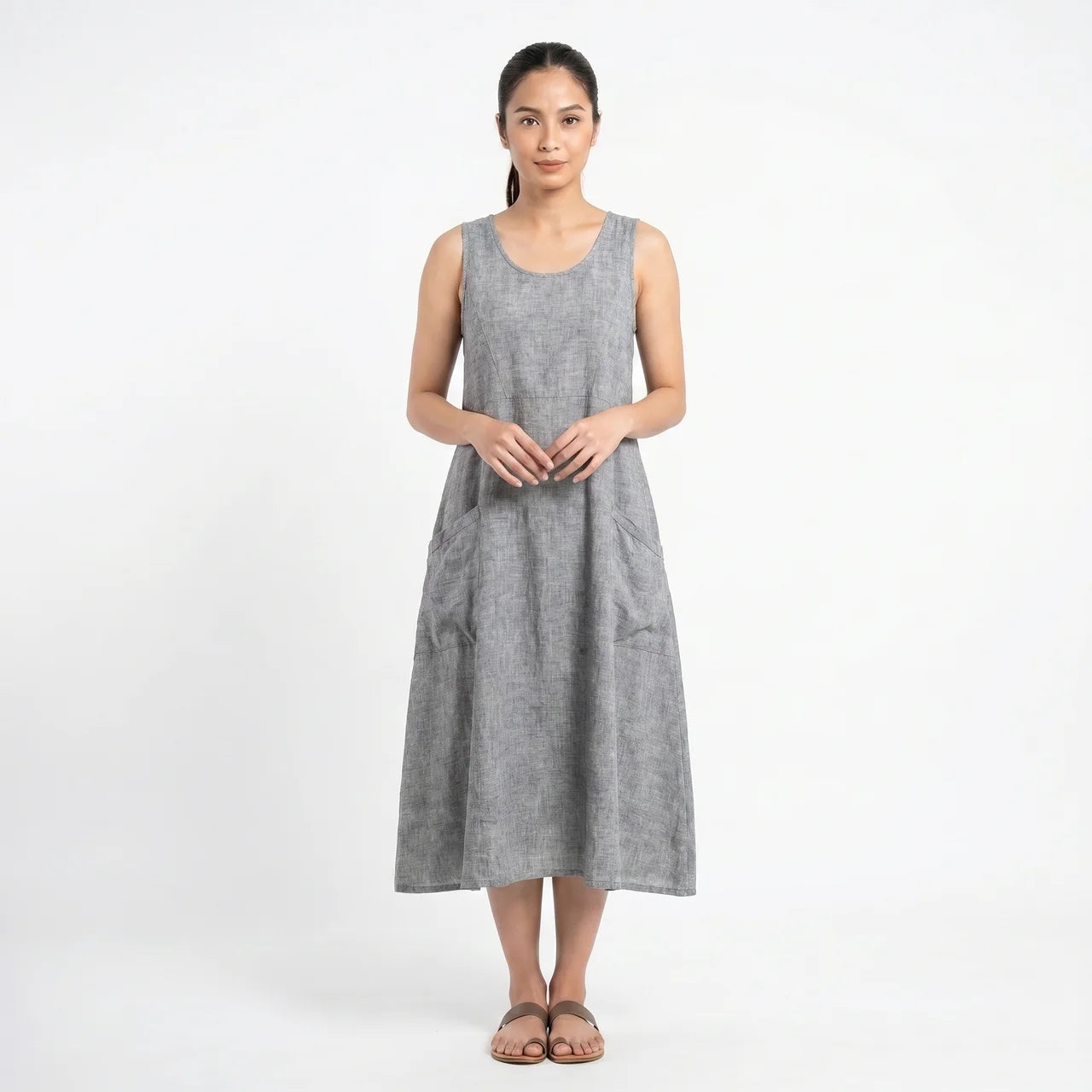 Women's Sleeveless A-Line Midi Dress with Pockets