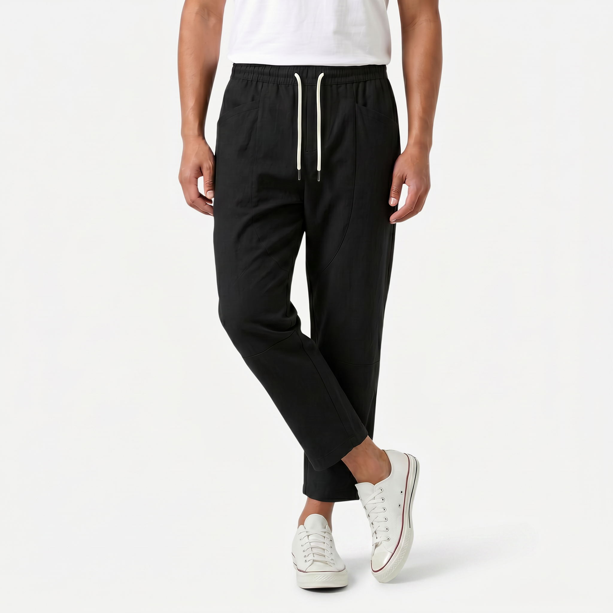 Men's Cotton Linen Drawstring Cropped Trousers