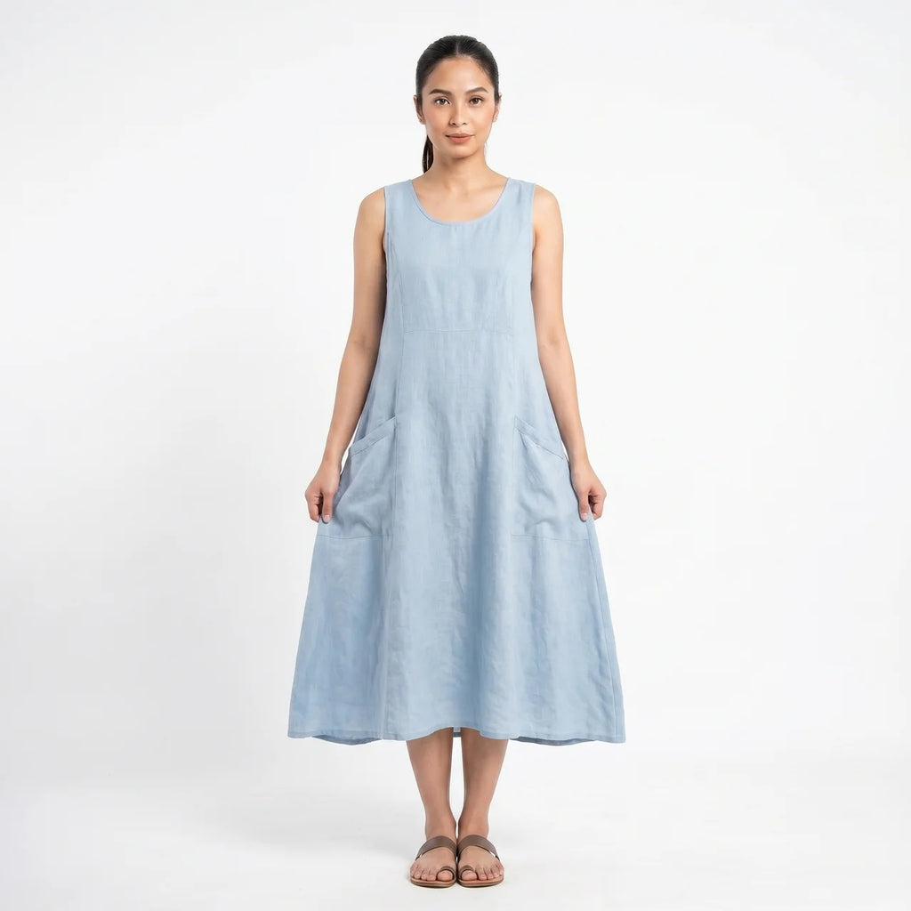 Women's Sleeveless A-Line Midi Dress with Pockets