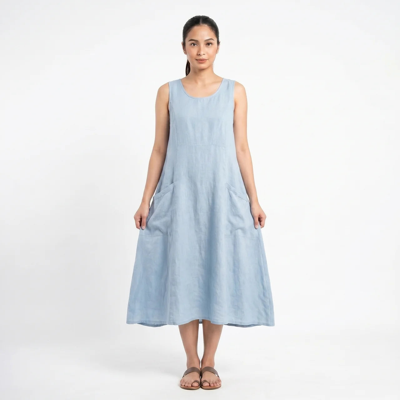 Women's Sleeveless A-Line Midi Dress with Pockets