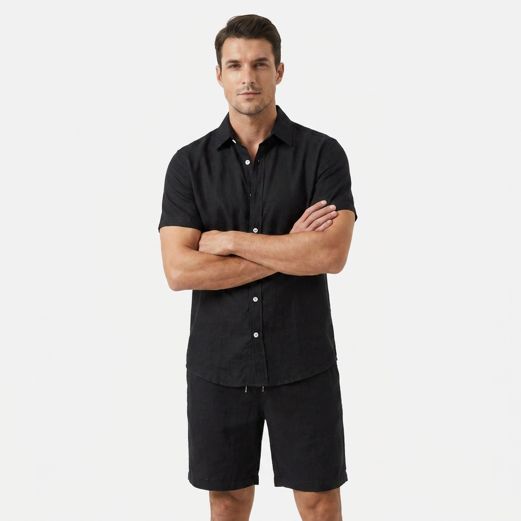 Men's Linen Buttoned Short Sleeve Shirt and Shorts Two Piece Set