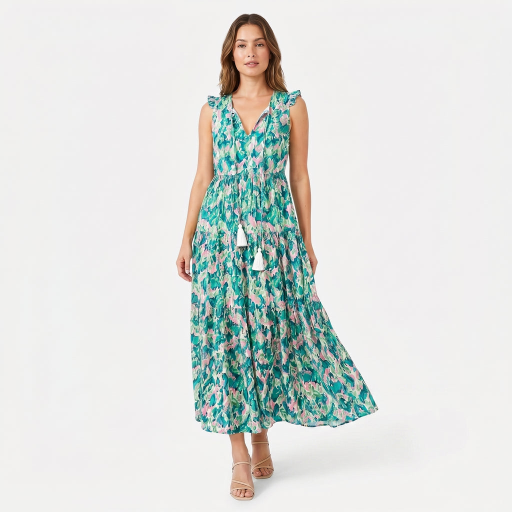 Women's Sleeveless Floral Print Tie Neck Boho Maxi Dress