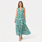 Women's Sleeveless Floral Print Tie Neck Boho Maxi Dress