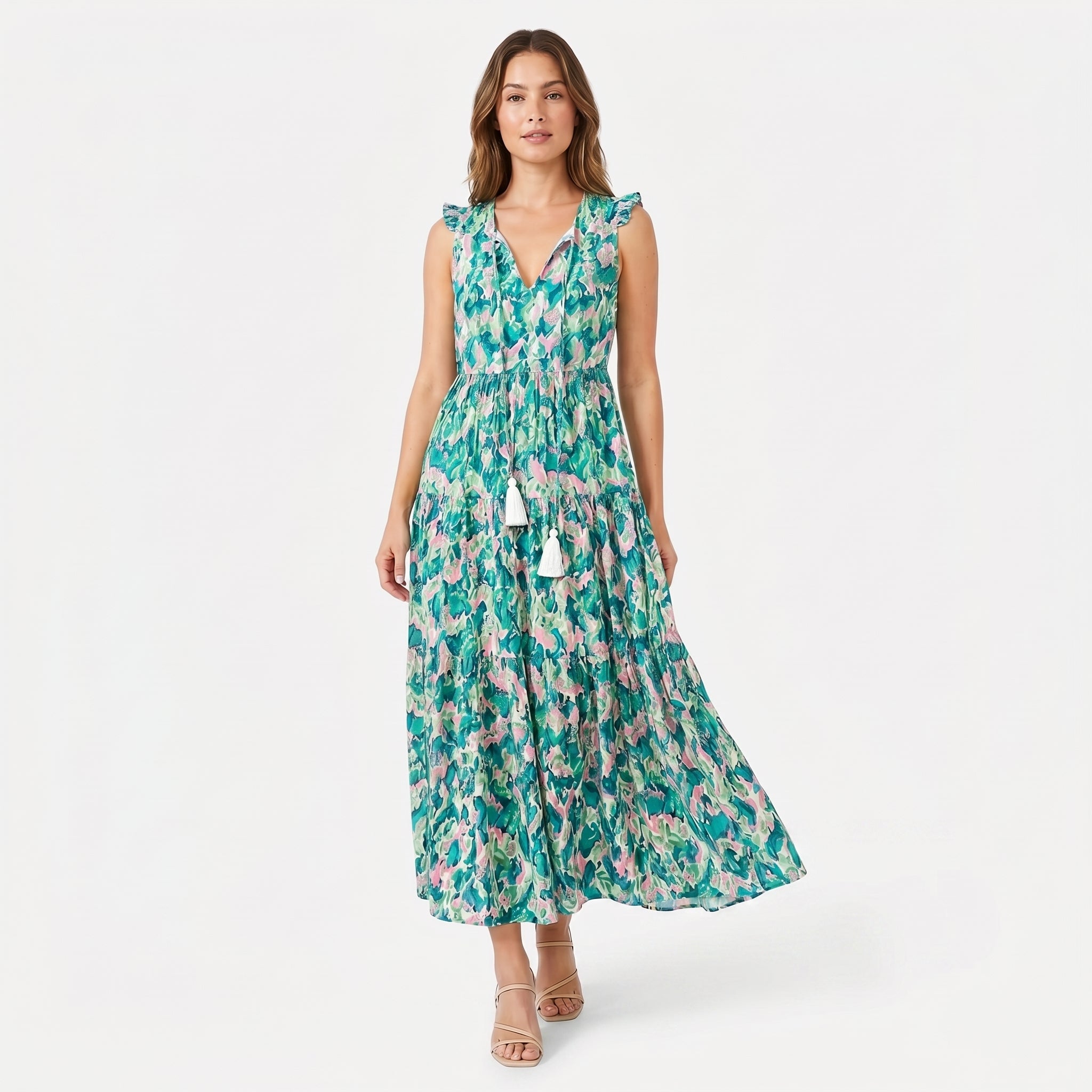 Women's Sleeveless Floral Print Tie Neck Boho Maxi Dress