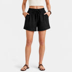 Women's Linen Lace Trim Drawstring Elastic Waist Shorts