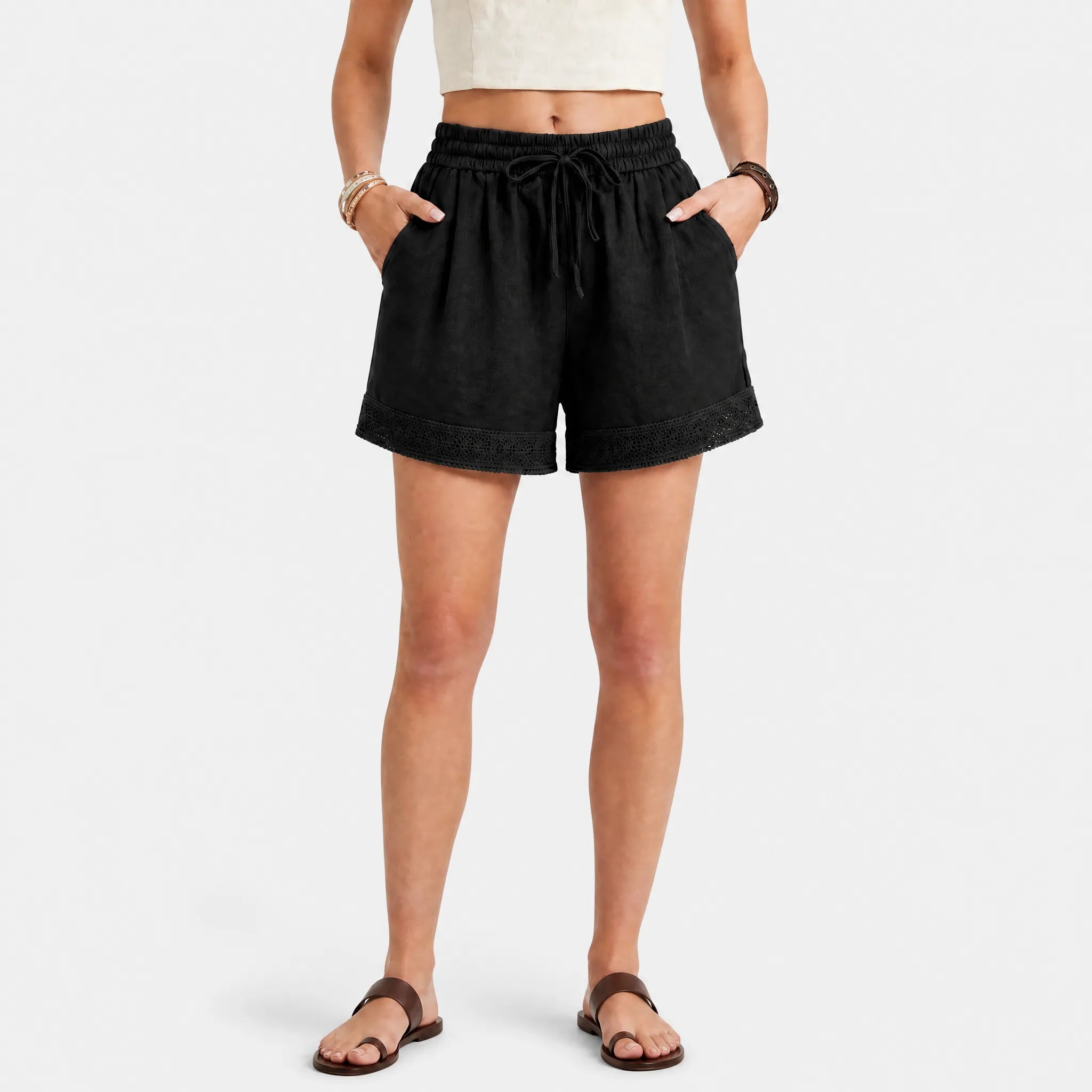 Women's Linen Lace Trim Drawstring Elastic Waist Shorts