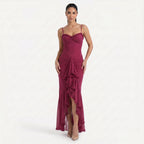 Women's Sweetheart Ruched Asymmetric Ruffle Maxi Dress