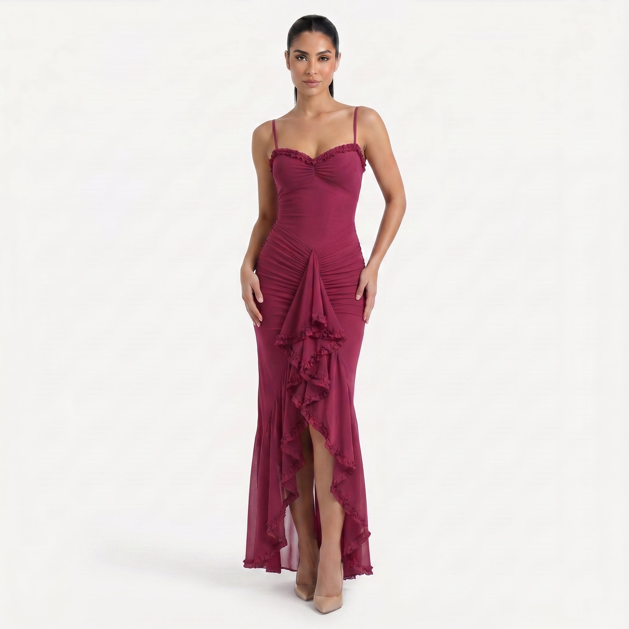 Women's Sweetheart Ruched Asymmetric Ruffle Maxi Dress