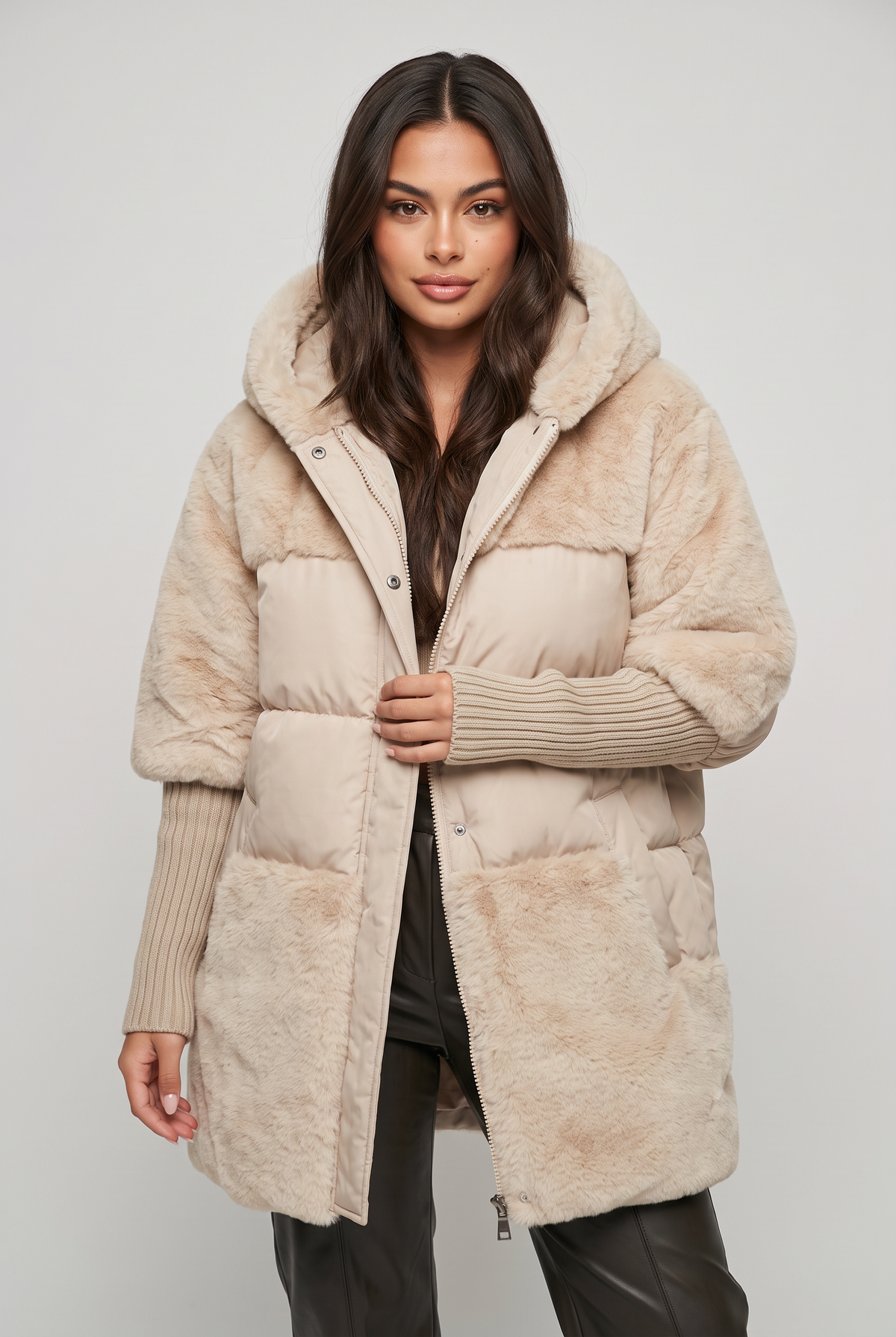 Women’s Hooded Long-Lined Panel Puffer Coat